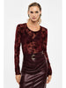Long-sleeve t-shirt with burgundy flocked floral print
