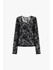 T.shirt maniche lunghe con stampa floreale floccata Nero
